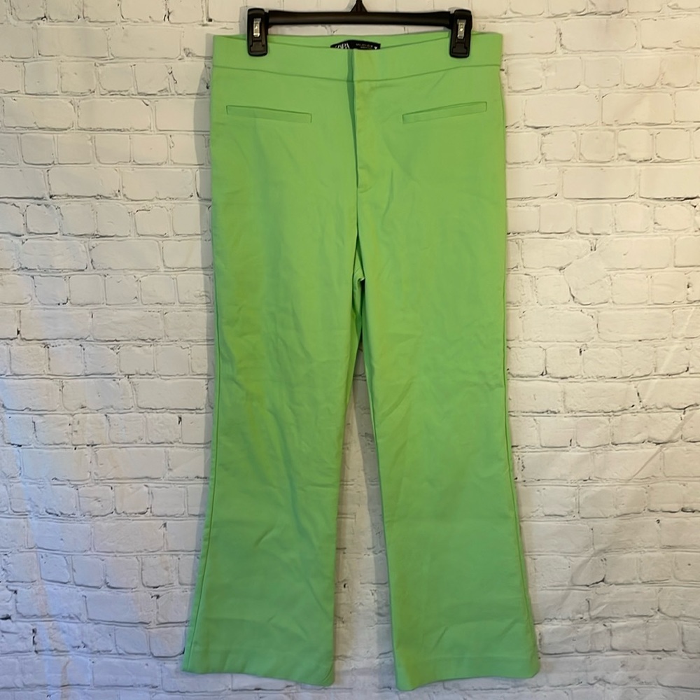 Zara Lime Green Boot cut High Waisted trouser pants kick boot style